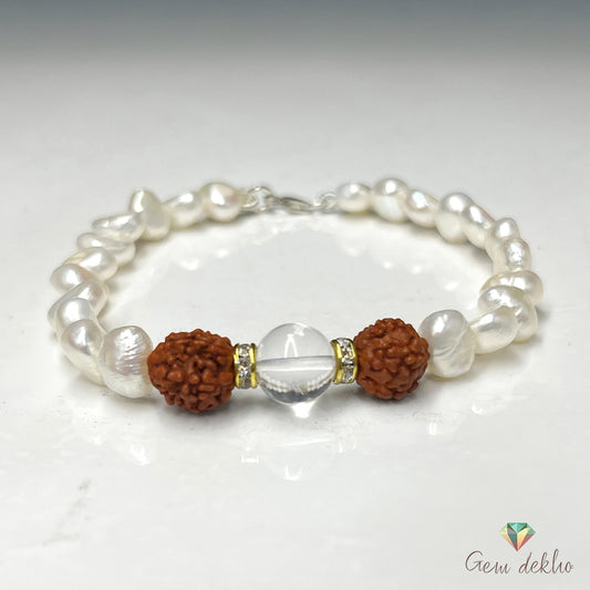 Freshwater Pearl & Rudraksha Bracelet with Crystal – Chain Lock Design