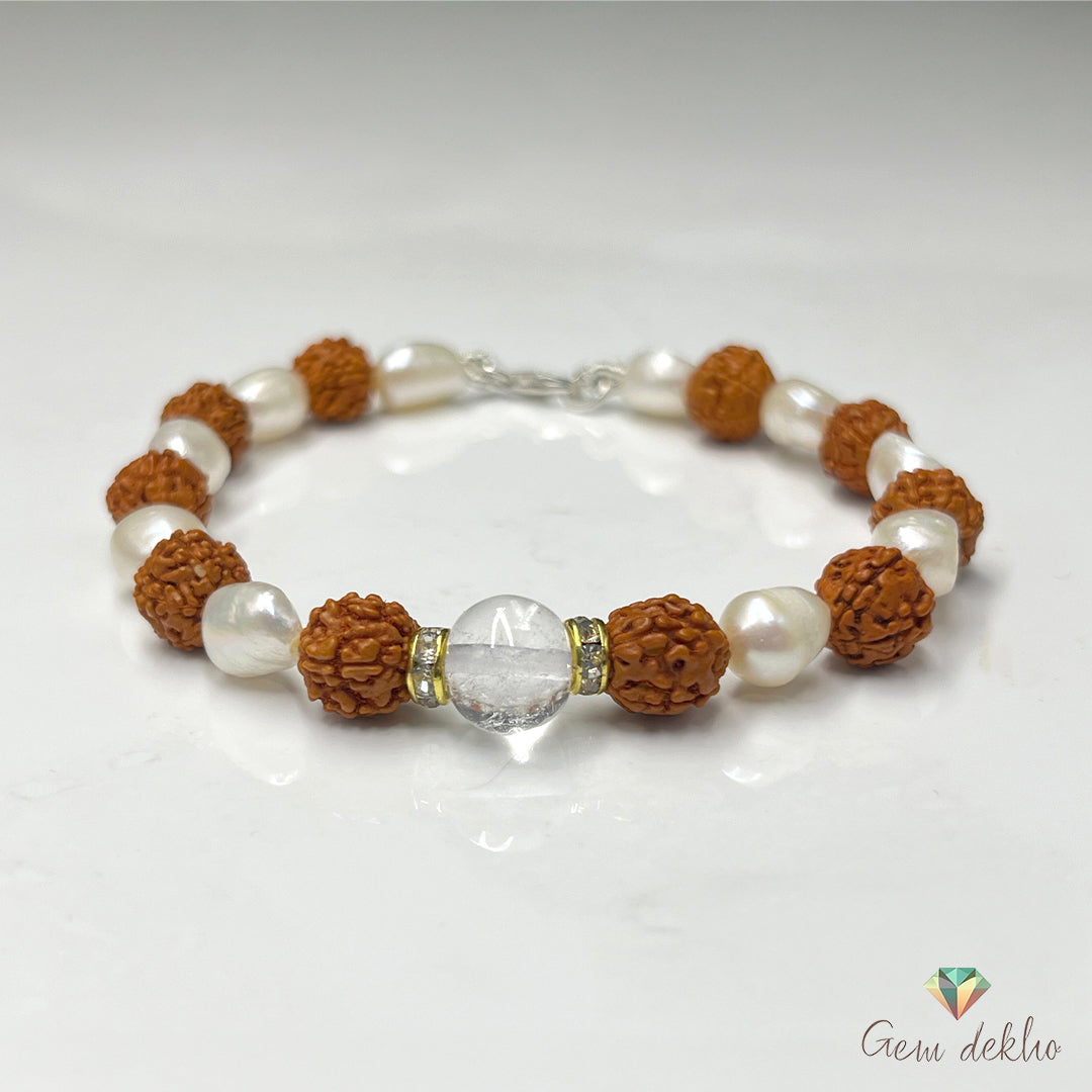 Freshwater Pearl & Rudraksha Bracelet with Crystal