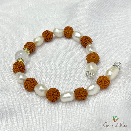 Freshwater Pearl & Rudraksha Bracelet with Crystal