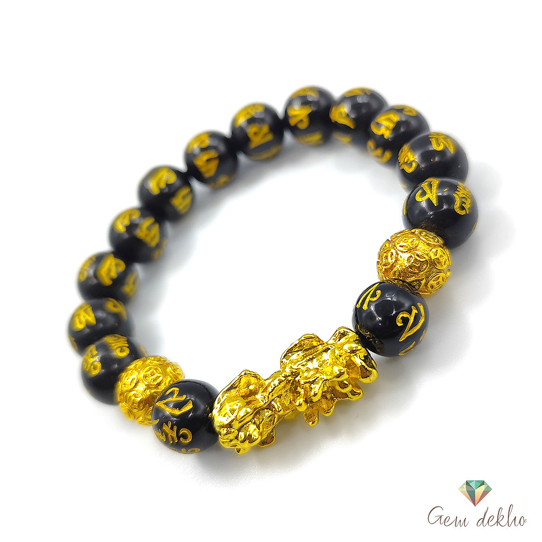 Feng Shui Pixiu Wealth & Good Luck Bracelet – 12mm Black Obsidian Beads Unisex