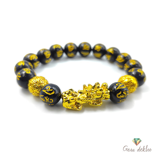 Feng Shui Pixiu Wealth & Good Luck Bracelet – 12mm Black Obsidian Beads Unisex