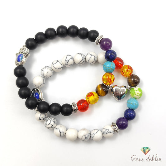 White & Black Glass 7 Inch Heart Magnetic Couple Bracelets – 7 Chakra Beads for Love & Harmony