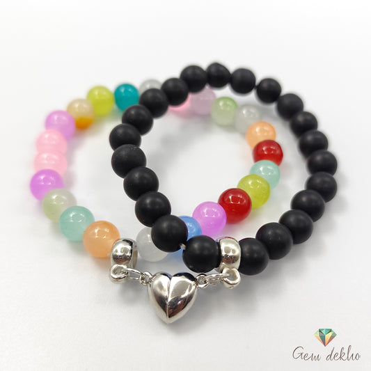 Romantic Couples Bracelet Set | Pink & Black Magnetic His & Her Beads