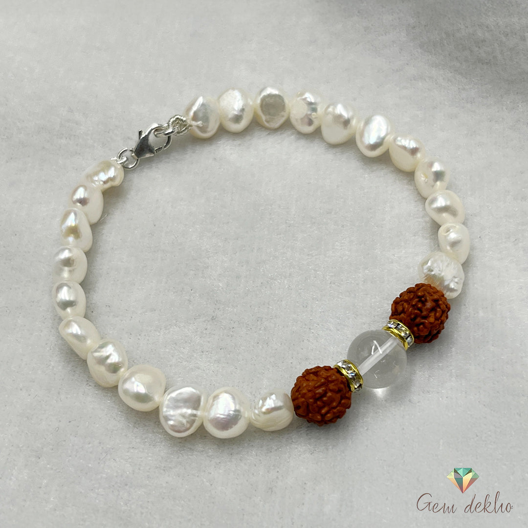 Freshwater Pearl & Rudraksha Bracelet with Crystal – Chain Lock Design