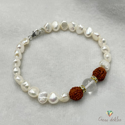 Freshwater Pearl & Rudraksha Bracelet with Crystal – Chain Lock Design