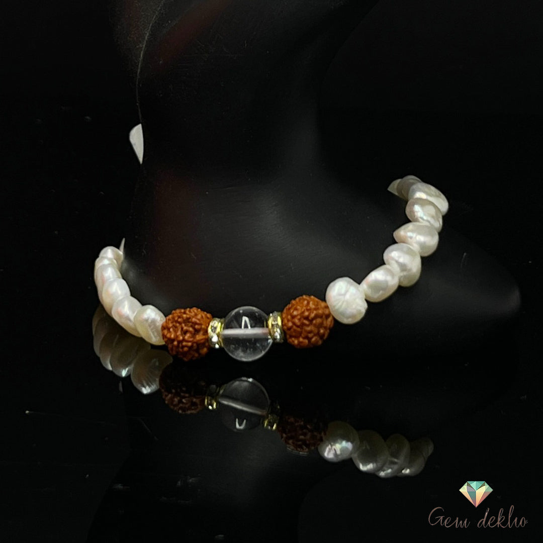 Freshwater Pearl & Rudraksha Bracelet with Crystal – Chain Lock Design