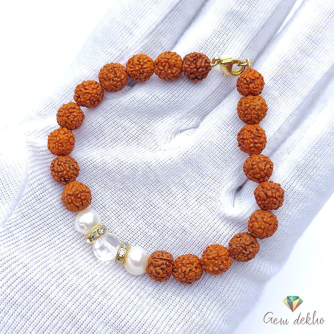 Freshwater Pearl, Crystal and Rudraksha Bracelet