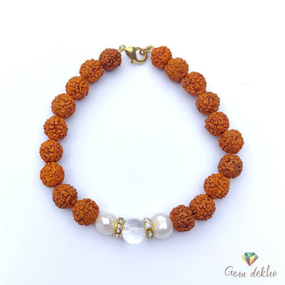 Freshwater Pearl, Crystal and Rudraksha Bracelet
