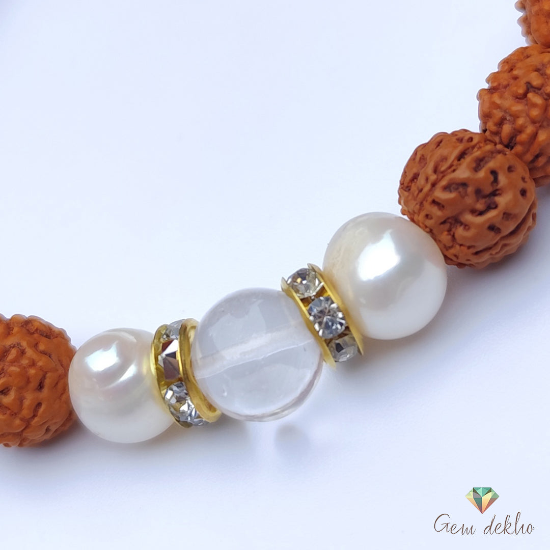 Freshwater Pearl, Crystal and Rudraksha Bracelet