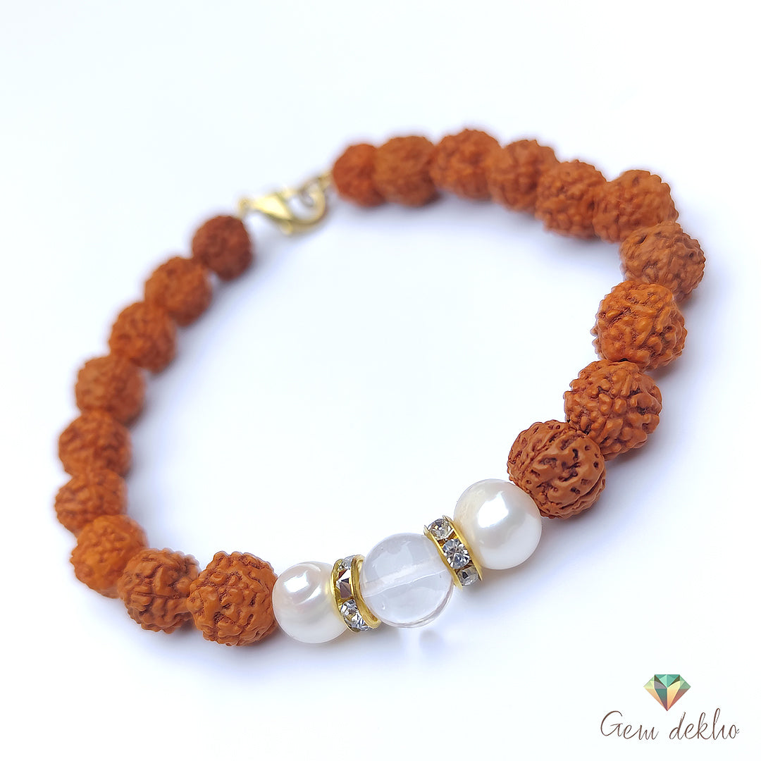 Freshwater Pearl, Crystal and Rudraksha Bracelet