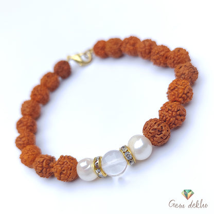 Freshwater Pearl, Crystal and Rudraksha Bracelet