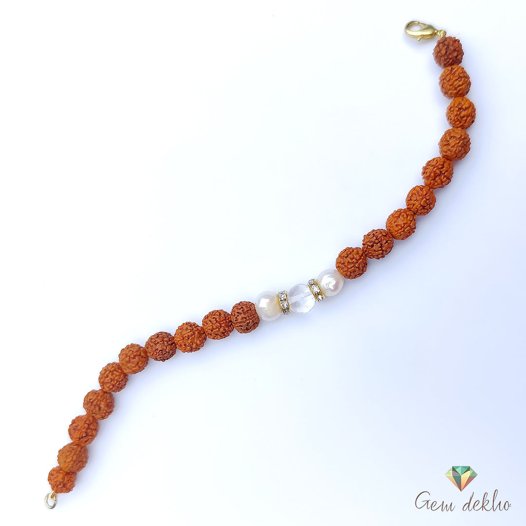Freshwater Pearl, Crystal and Rudraksha Bracelet