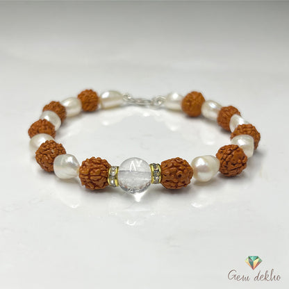Freshwater Pearl & Rudraksha Bracelet with Crystal
