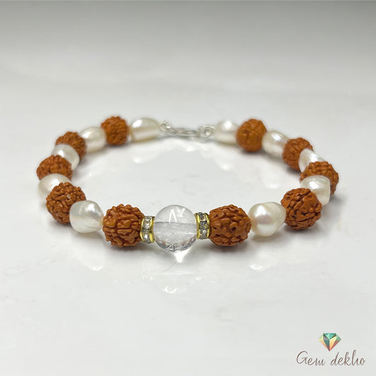 Freshwater Pearl & Rudraksha Bracelet with Crystal