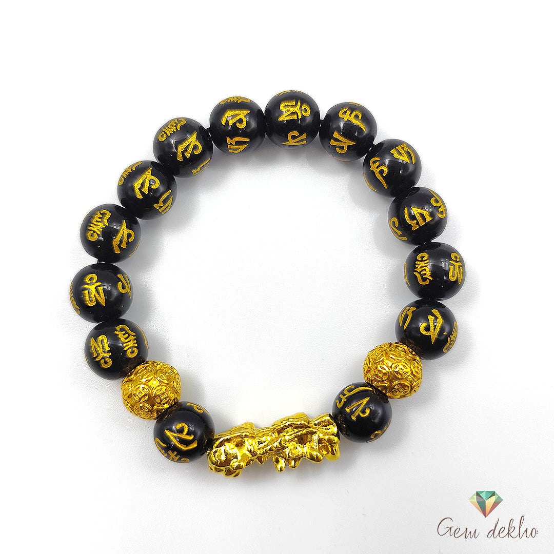 Feng Shui Pixiu Wealth & Good Luck Bracelet – 12mm Black Obsidian Beads Unisex